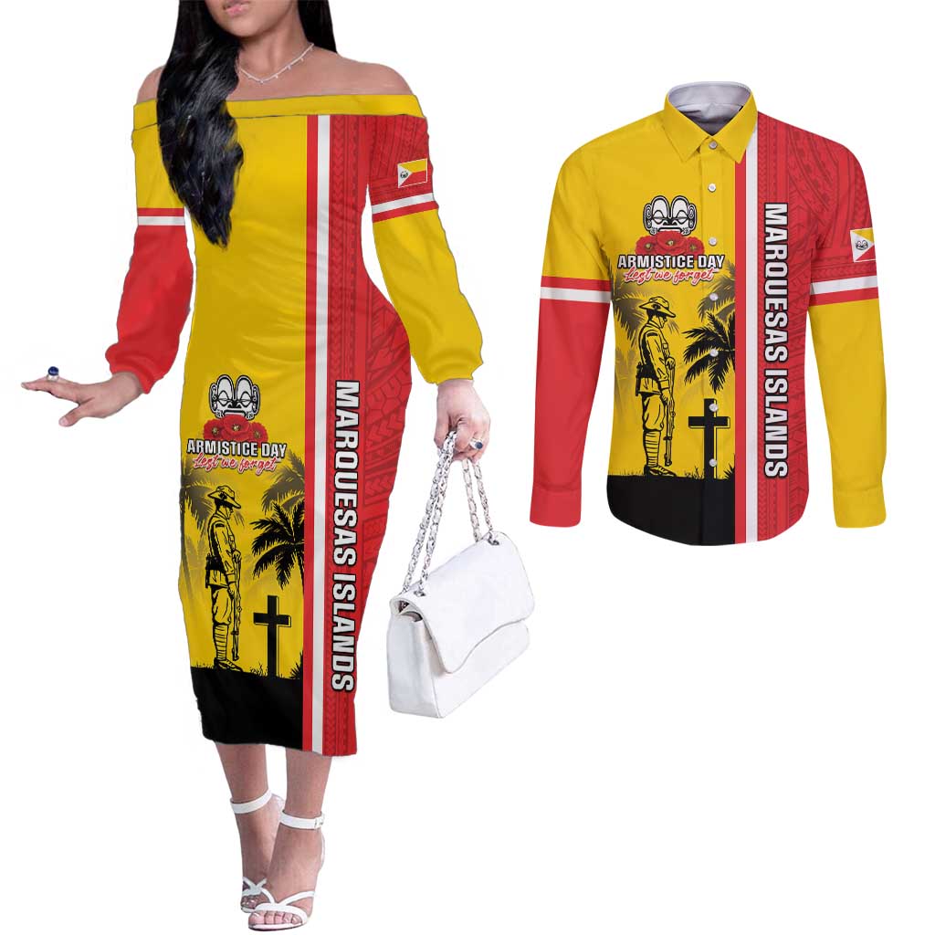 Marquesas Islands Armistice Day Couples Matching Off The Shoulder Long Sleeve Dress and Long Sleeve Button Shirt Lest We Forget Flag Style LT05 Yellow - Polynesian Pride