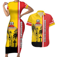 Marquesas Islands Armistice Day Couples Matching Short Sleeve Bodycon Dress and Hawaiian Shirt Lest We Forget Flag Style LT05 Yellow - Polynesian Pride