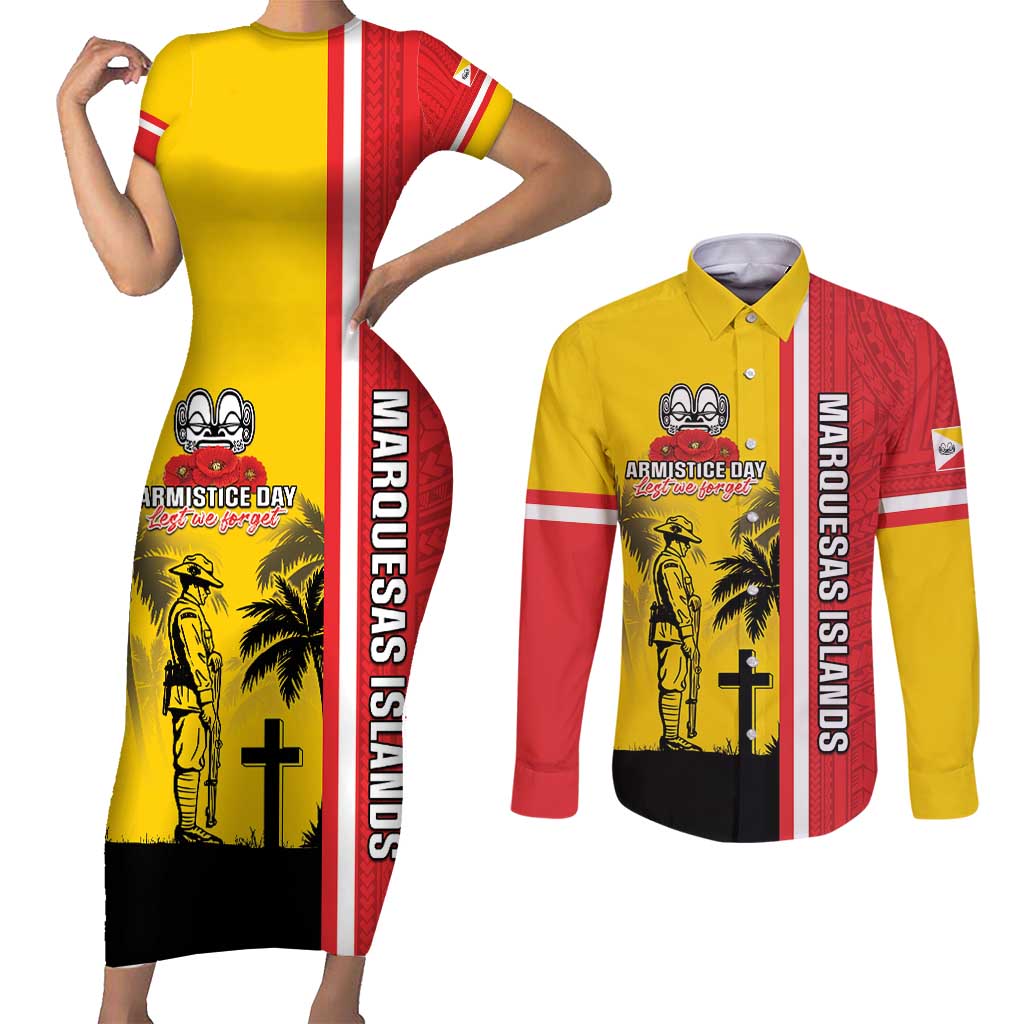 Marquesas Islands Armistice Day Couples Matching Short Sleeve Bodycon Dress and Long Sleeve Button Shirt Lest We Forget Flag Style LT05 Yellow - Polynesian Pride