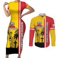 Marquesas Islands Armistice Day Couples Matching Short Sleeve Bodycon Dress and Long Sleeve Button Shirt Lest We Forget Flag Style LT05 Yellow - Polynesian Pride