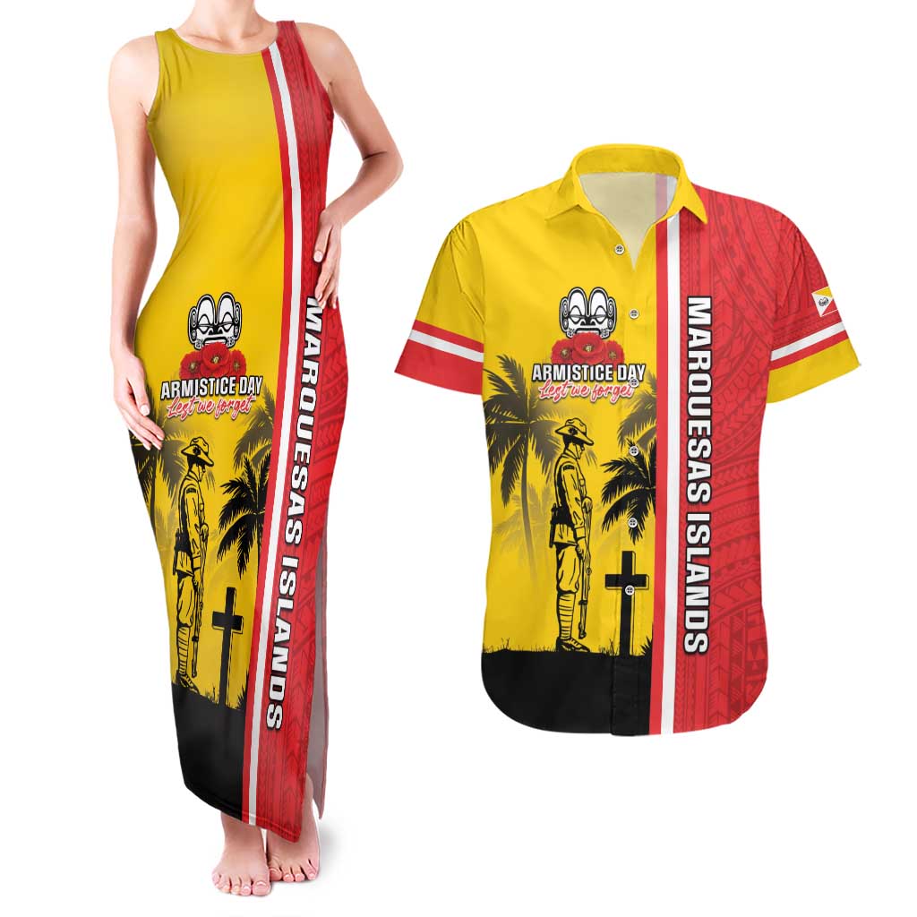 Marquesas Islands Armistice Day Couples Matching Tank Maxi Dress and Hawaiian Shirt Lest We Forget Flag Style LT05 Yellow - Polynesian Pride
