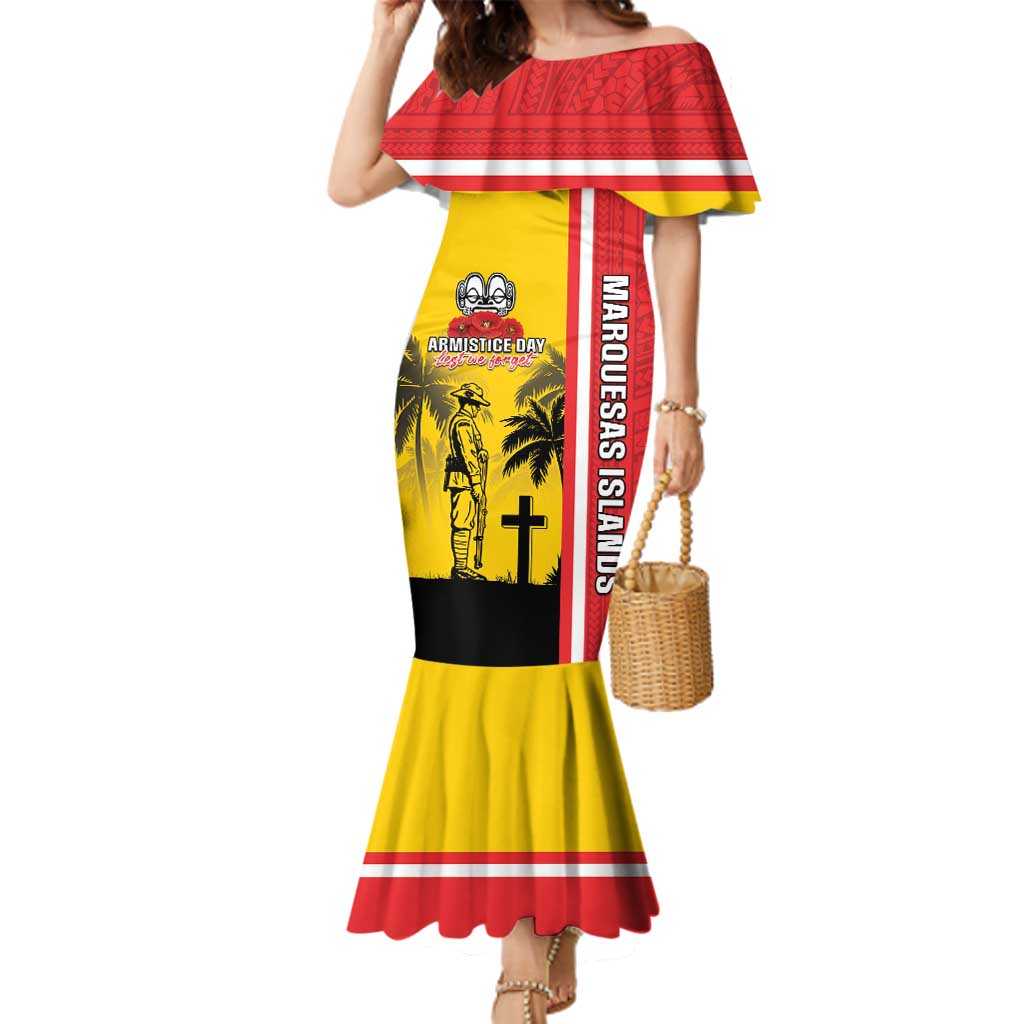 Marquesas Islands Armistice Day Family Matching Mermaid Dress and Hawaiian Shirt Lest We Forget Flag Style LT05 Mom's Dress Yellow - Polynesian Pride