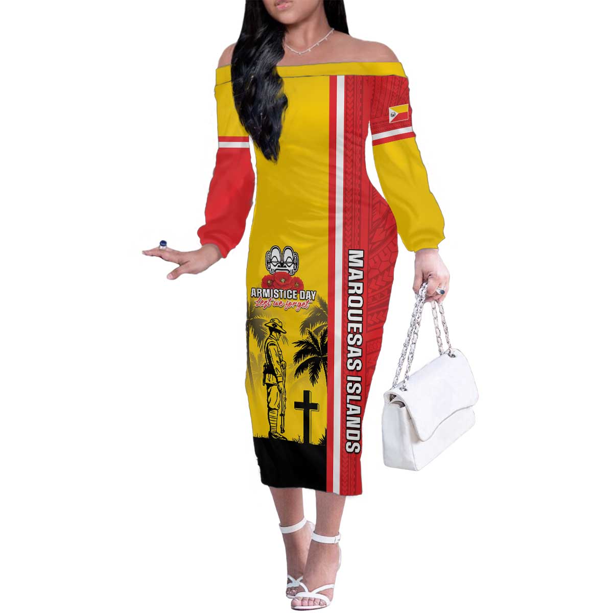 Marquesas Islands Armistice Day Family Matching Off The Shoulder Long Sleeve Dress and Hawaiian Shirt Lest We Forget Flag Style LT05 Mom's Dress Yellow - Polynesian Pride