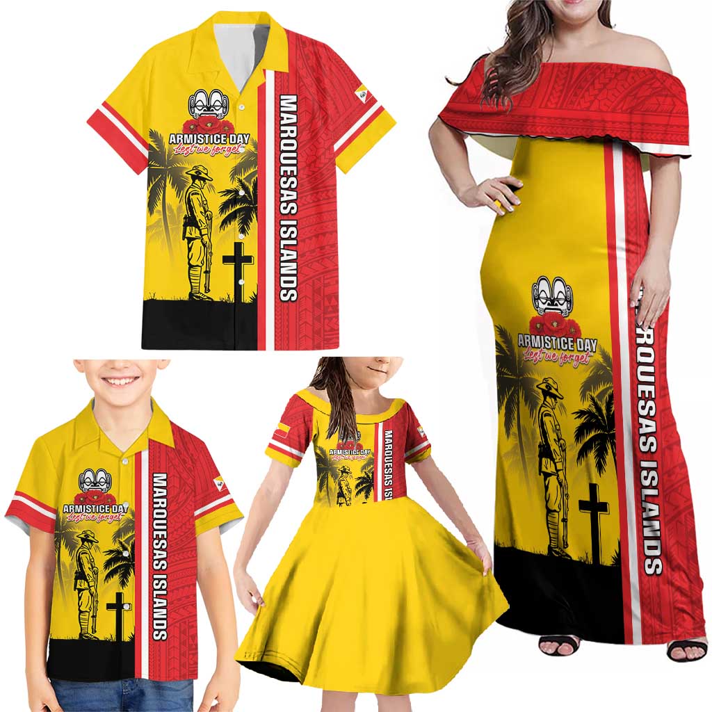 Marquesas Islands Armistice Day Family Matching Off Shoulder Maxi Dress and Hawaiian Shirt Lest We Forget Flag Style LT05 - Polynesian Pride