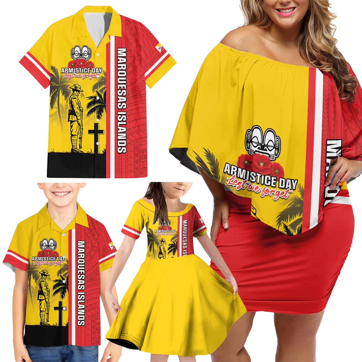 Marquesas Islands Armistice Day Family Matching Off Shoulder Short Dress and Hawaiian Shirt Lest We Forget Flag Style LT05 - Polynesian Pride