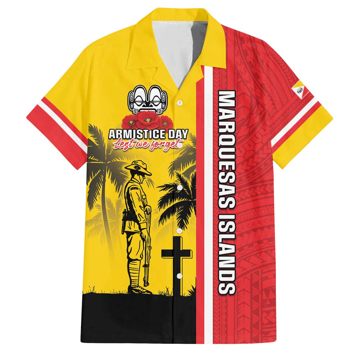 Marquesas Islands Armistice Day Family Matching Off Shoulder Short Dress and Hawaiian Shirt Lest We Forget Flag Style LT05 Dad's Shirt - Short Sleeve Yellow - Polynesian Pride