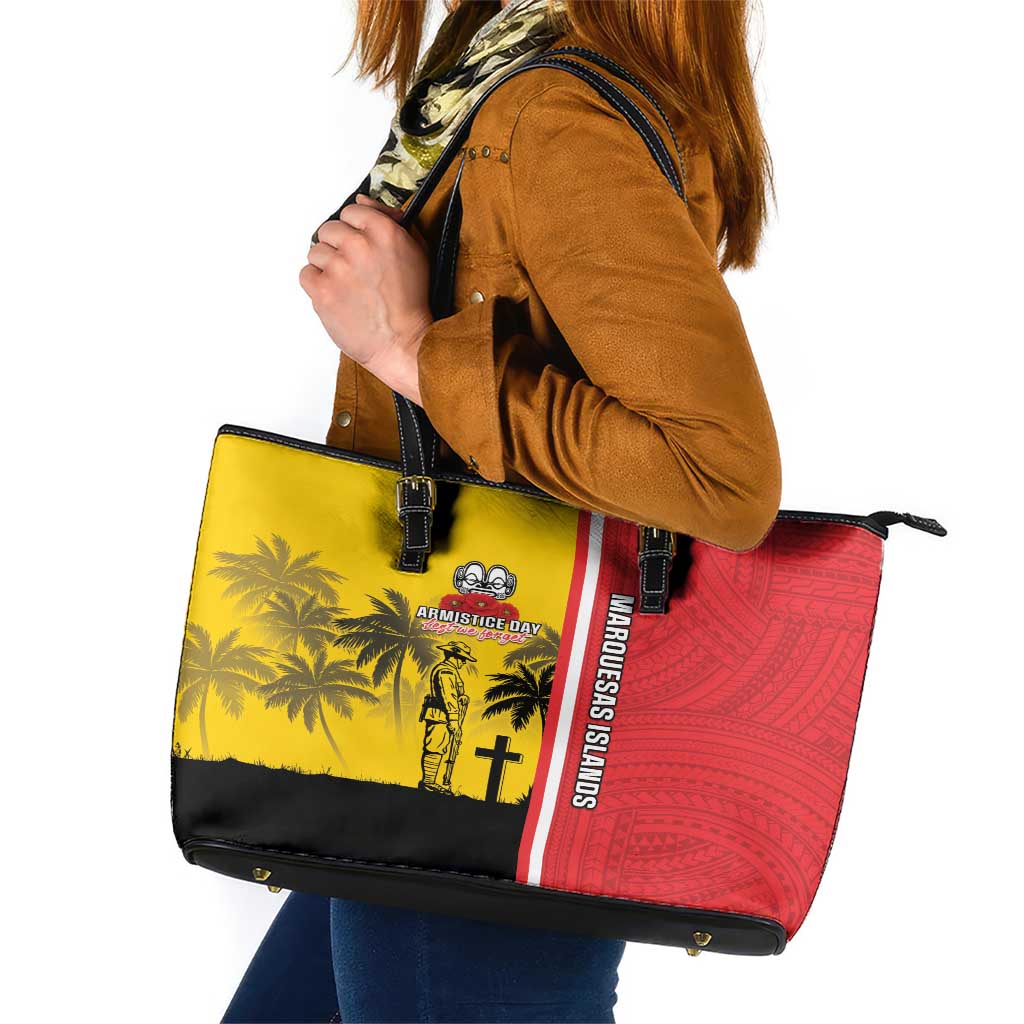 Marquesas Islands Armistice Day Leather Tote Bag Lest We Forget Flag Style LT05 Yellow - Polynesian Pride