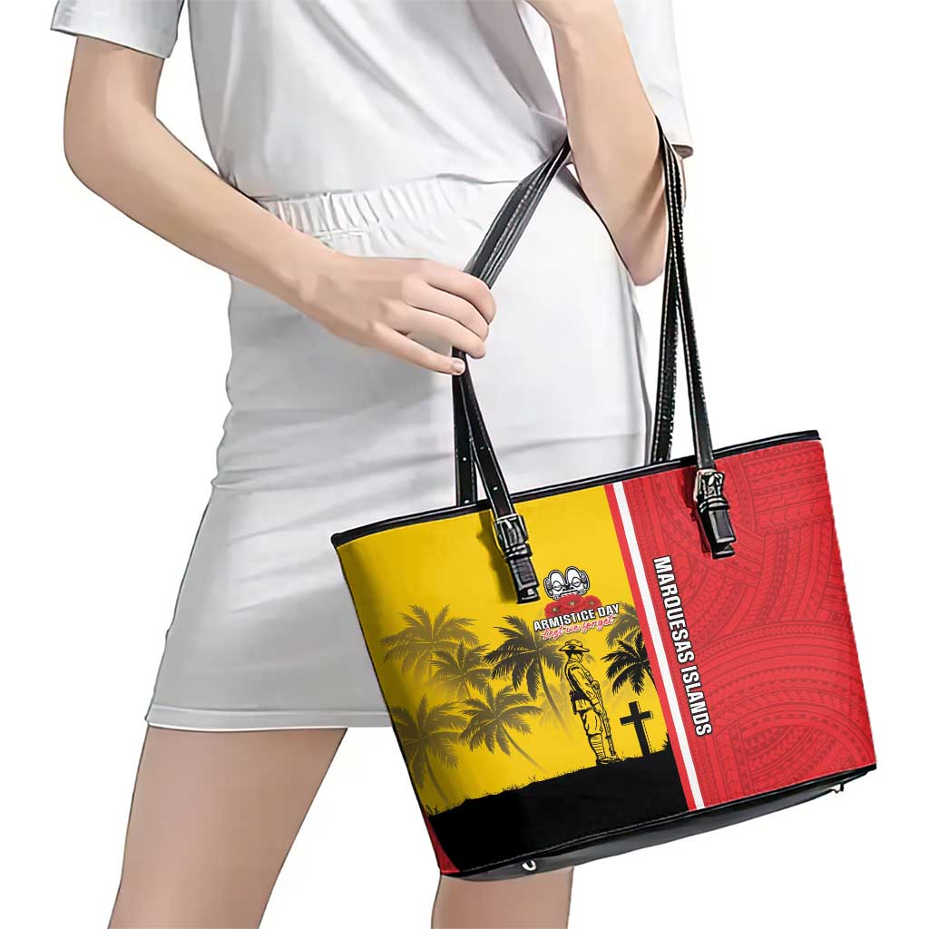 Marquesas Islands Armistice Day Leather Tote Bag Lest We Forget Flag Style LT05 - Polynesian Pride