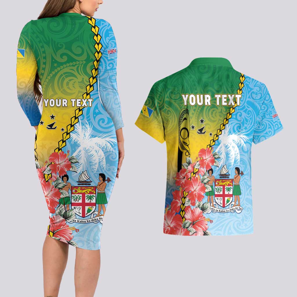 Personalised Malampa Fiji Day Couples Matching Long Sleeve Bodycon Dress and Hawaiian Shirt Tribal Pattern With Tropical Flowers LT05 - Polynesian Pride