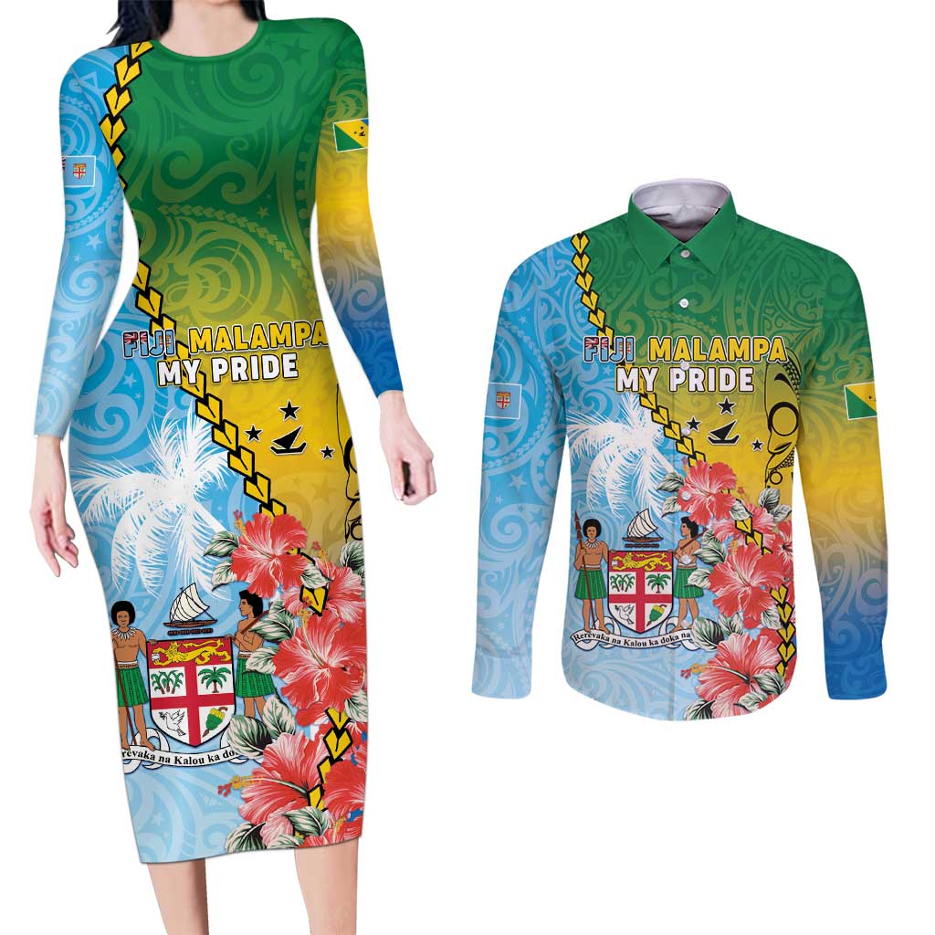Personalised Malampa Fiji Day Couples Matching Long Sleeve Bodycon Dress and Long Sleeve Button Shirt Tribal Pattern With Tropical Flowers LT05 Colorful - Polynesian Pride