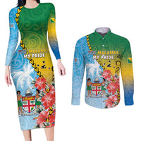 Personalised Malampa Fiji Day Couples Matching Long Sleeve Bodycon Dress and Long Sleeve Button Shirt Tribal Pattern With Tropical Flowers LT05 Colorful - Polynesian Pride