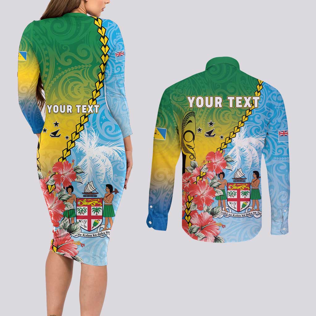 Personalised Malampa Fiji Day Couples Matching Long Sleeve Bodycon Dress and Long Sleeve Button Shirt Tribal Pattern With Tropical Flowers LT05 - Polynesian Pride