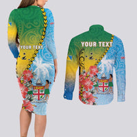 Personalised Malampa Fiji Day Couples Matching Long Sleeve Bodycon Dress and Long Sleeve Button Shirt Tribal Pattern With Tropical Flowers LT05 - Polynesian Pride