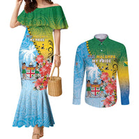 Personalised Malampa Fiji Day Couples Matching Mermaid Dress and Long Sleeve Button Shirt Tribal Pattern With Tropical Flowers LT05 Colorful - Polynesian Pride