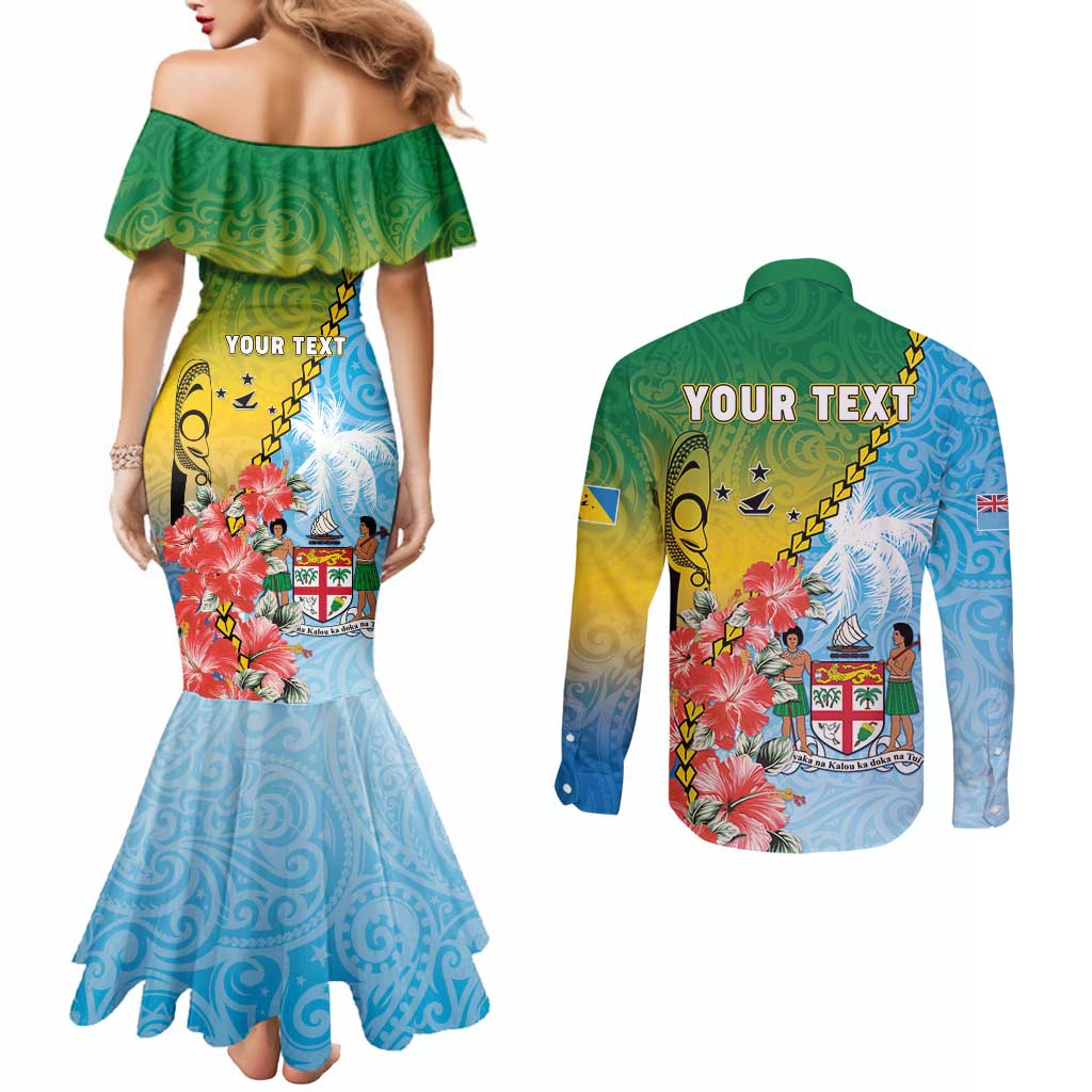 Personalised Malampa Fiji Day Couples Matching Mermaid Dress and Long Sleeve Button Shirt Tribal Pattern With Tropical Flowers LT05 - Polynesian Pride