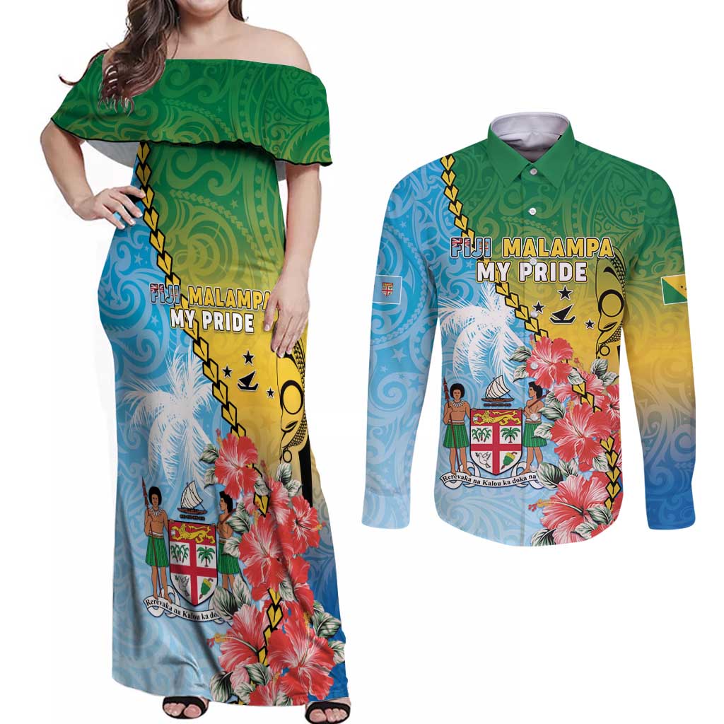 Personalised Malampa Fiji Day Couples Matching Off Shoulder Maxi Dress and Long Sleeve Button Shirt Tribal Pattern With Tropical Flowers LT05 Colorful - Polynesian Pride