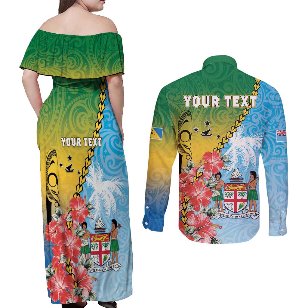 Personalised Malampa Fiji Day Couples Matching Off Shoulder Maxi Dress and Long Sleeve Button Shirt Tribal Pattern With Tropical Flowers LT05 - Polynesian Pride