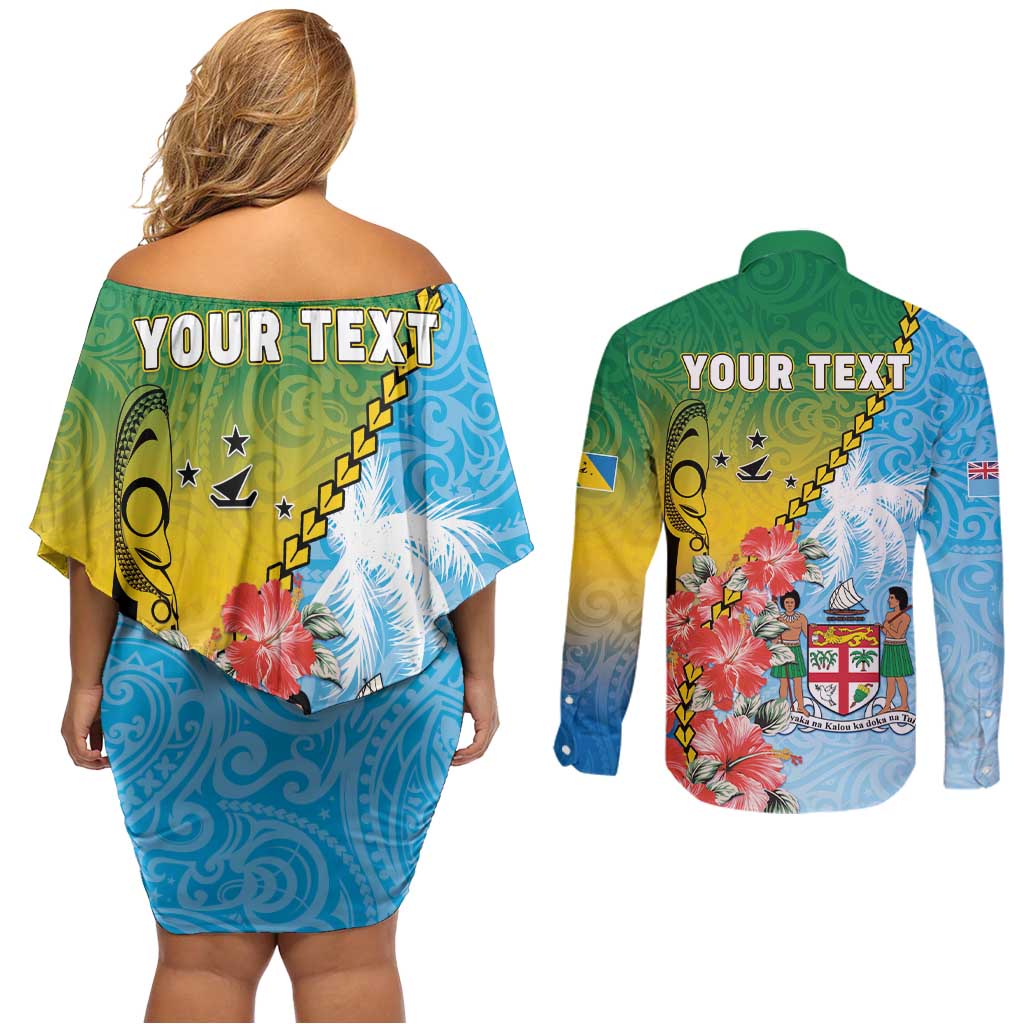 Personalised Malampa Fiji Day Couples Matching Off Shoulder Short Dress and Long Sleeve Button Shirt Tribal Pattern With Tropical Flowers LT05 - Polynesian Pride