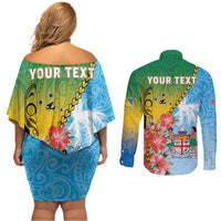 Personalised Malampa Fiji Day Couples Matching Off Shoulder Short Dress and Long Sleeve Button Shirt Tribal Pattern With Tropical Flowers LT05 - Polynesian Pride