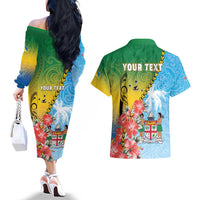 Personalised Malampa Fiji Day Couples Matching Off The Shoulder Long Sleeve Dress and Hawaiian Shirt Tribal Pattern With Tropical Flowers LT05 - Polynesian Pride