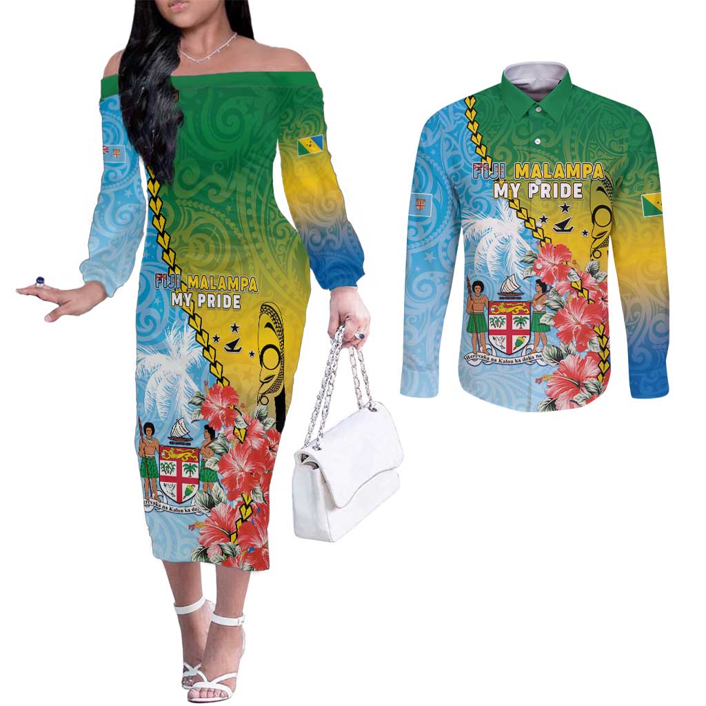 Personalised Malampa Fiji Day Couples Matching Off The Shoulder Long Sleeve Dress and Long Sleeve Button Shirt Tribal Pattern With Tropical Flowers LT05 Colorful - Polynesian Pride