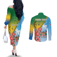 Personalised Malampa Fiji Day Couples Matching Off The Shoulder Long Sleeve Dress and Long Sleeve Button Shirt Tribal Pattern With Tropical Flowers LT05 - Polynesian Pride