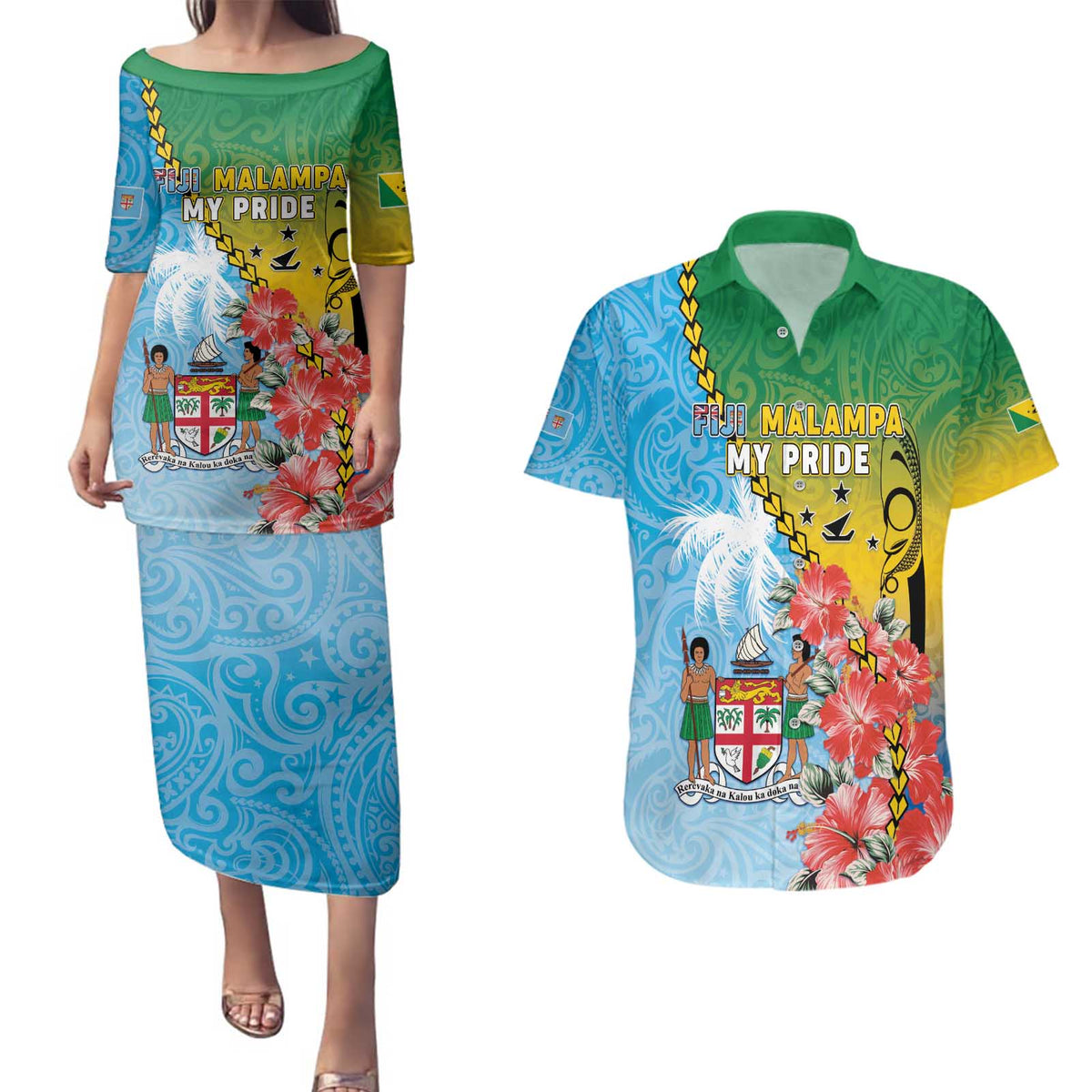 Personalised Malampa Fiji Day Couples Matching Puletasi and Hawaiian Shirt Tribal Pattern With Tropical Flowers LT05 Colorful - Polynesian Pride