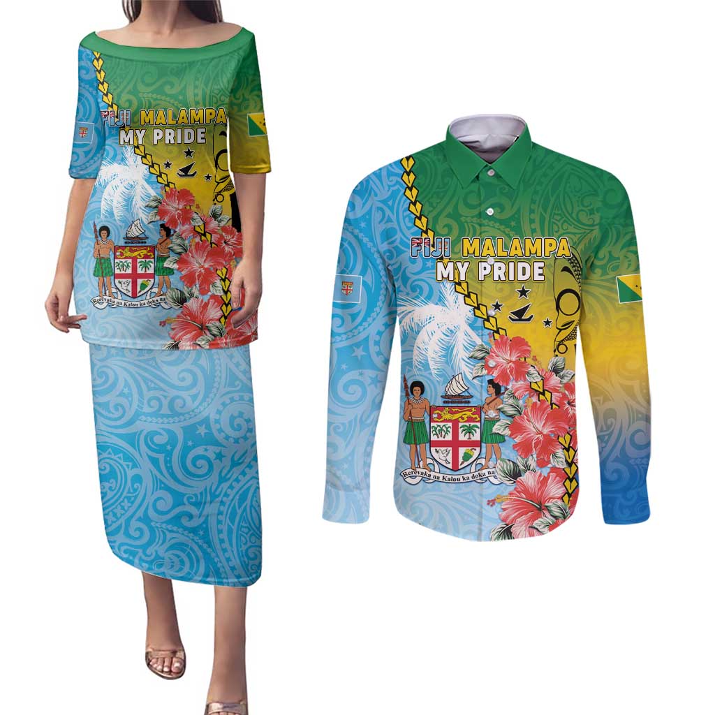 Personalised Malampa Fiji Day Couples Matching Puletasi and Long Sleeve Button Shirt Tribal Pattern With Tropical Flowers LT05 Colorful - Polynesian Pride