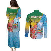 Personalised Malampa Fiji Day Couples Matching Puletasi and Long Sleeve Button Shirt Tribal Pattern With Tropical Flowers LT05 - Polynesian Pride