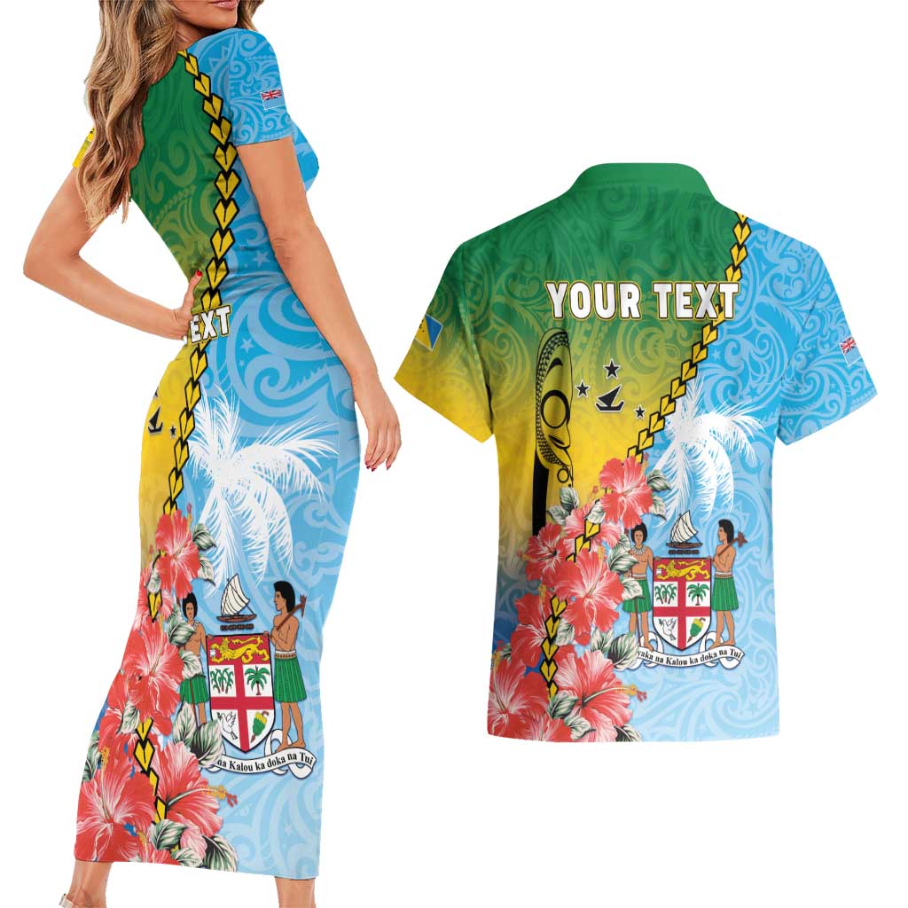 Personalised Malampa Fiji Day Couples Matching Short Sleeve Bodycon Dress and Hawaiian Shirt Tribal Pattern With Tropical Flowers LT05 - Polynesian Pride