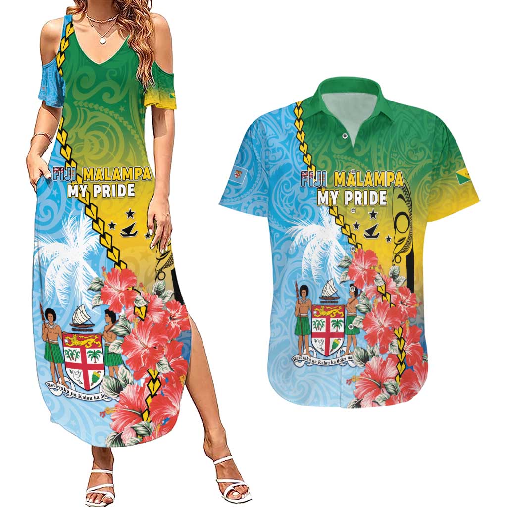 Personalised Malampa Fiji Day Couples Matching Summer Maxi Dress and Hawaiian Shirt Tribal Pattern With Tropical Flowers LT05 Colorful - Polynesian Pride