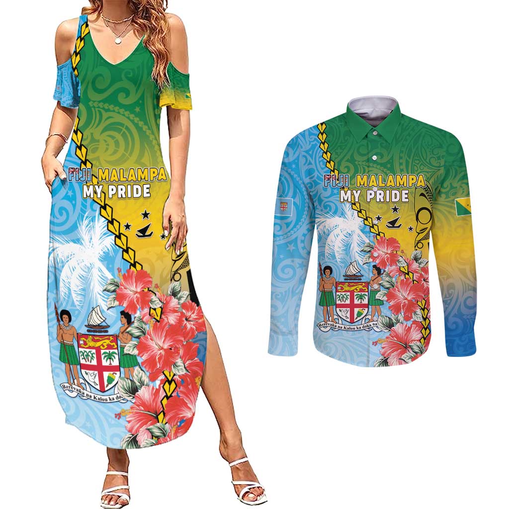 Personalised Malampa Fiji Day Couples Matching Summer Maxi Dress and Long Sleeve Button Shirt Tribal Pattern With Tropical Flowers LT05 Colorful - Polynesian Pride