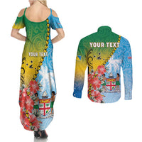 Personalised Malampa Fiji Day Couples Matching Summer Maxi Dress and Long Sleeve Button Shirt Tribal Pattern With Tropical Flowers LT05 - Polynesian Pride