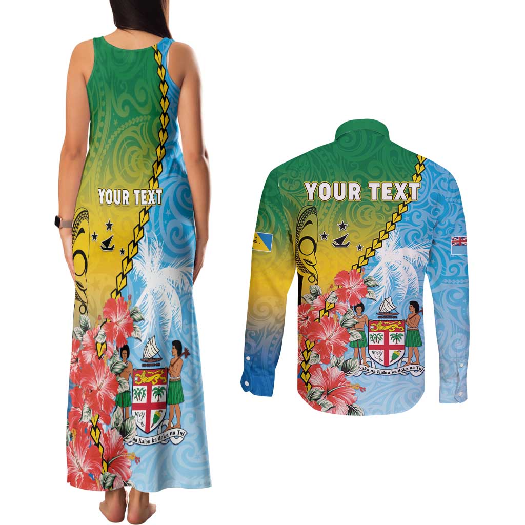Personalised Malampa Fiji Day Couples Matching Tank Maxi Dress and Long Sleeve Button Shirt Tribal Pattern With Tropical Flowers LT05 - Polynesian Pride