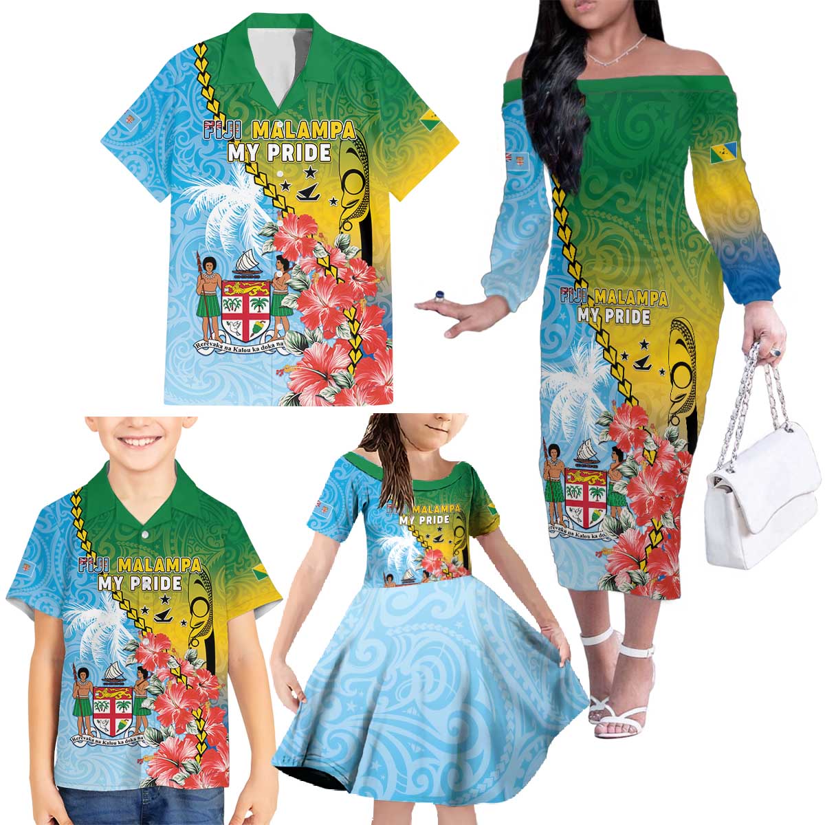 Personalised Malampa Fiji Day Family Matching Off The Shoulder Long Sleeve Dress and Hawaiian Shirt Tribal Pattern With Tropical Flowers LT05 - Polynesian Pride