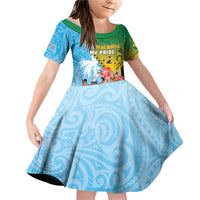 Personalised Malampa Fiji Day Family Matching Off Shoulder Short Dress and Hawaiian Shirt Tribal Pattern With Tropical Flowers LT05 Daughter's Dress Colorful - Polynesian Pride