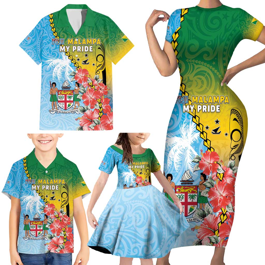 Personalised Malampa Fiji Day Family Matching Short Sleeve Bodycon Dress and Hawaiian Shirt Tribal Pattern With Tropical Flowers LT05 - Polynesian Pride
