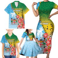 Personalised Malampa Fiji Day Family Matching Short Sleeve Bodycon Dress and Hawaiian Shirt Tribal Pattern With Tropical Flowers LT05 - Polynesian Pride