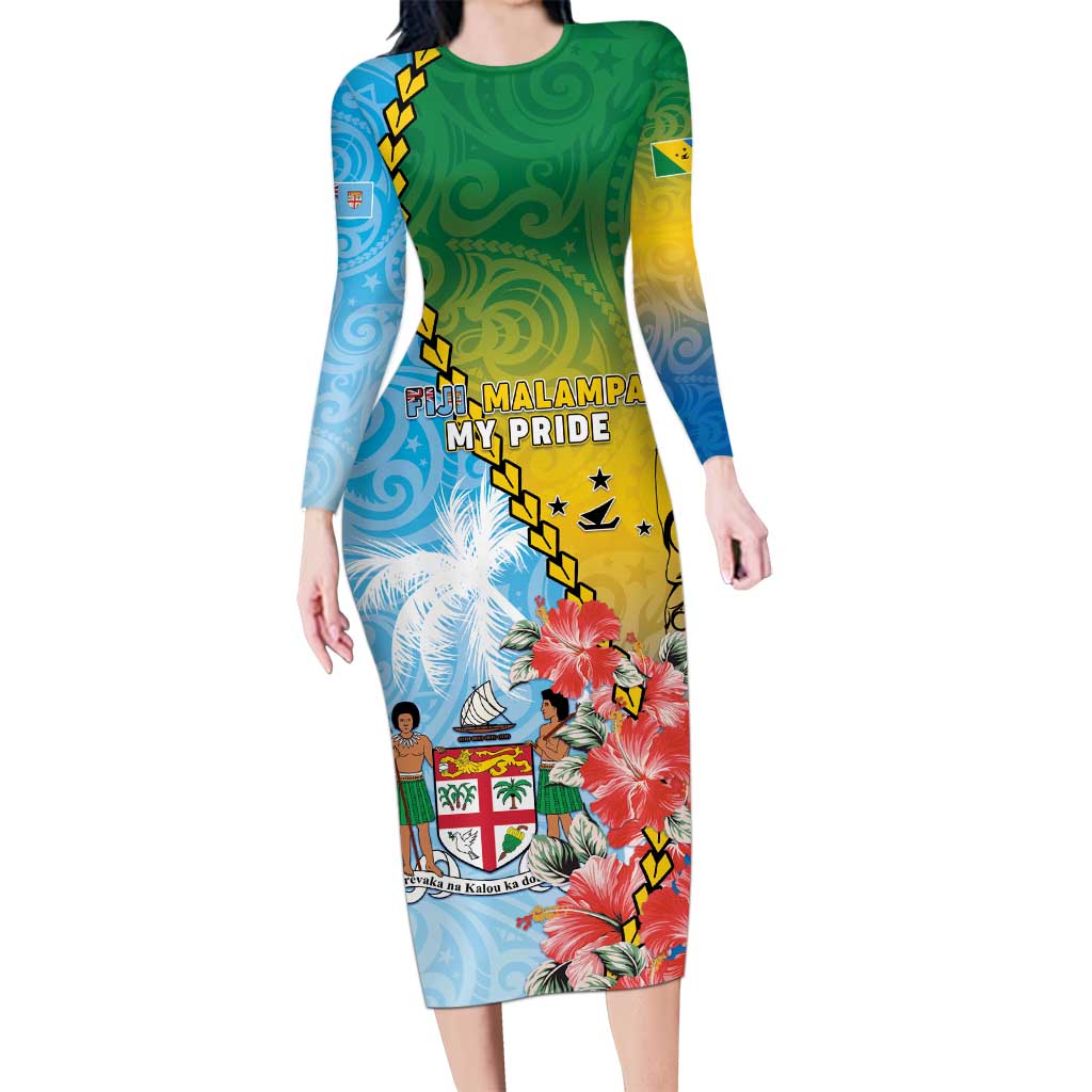 Personalised Malampa Fiji Day Long Sleeve Bodycon Dress Tribal Pattern With Tropical Flowers LT05 Long Dress Colorful - Polynesian Pride
