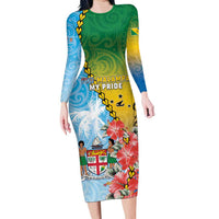 Personalised Malampa Fiji Day Long Sleeve Bodycon Dress Tribal Pattern With Tropical Flowers LT05 Long Dress Colorful - Polynesian Pride