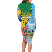 Personalised Malampa Fiji Day Long Sleeve Bodycon Dress Tribal Pattern With Tropical Flowers LT05 - Polynesian Pride