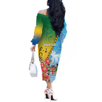 Personalised Malampa Fiji Day Off The Shoulder Long Sleeve Dress Tribal Pattern With Tropical Flowers LT05 - Polynesian Pride