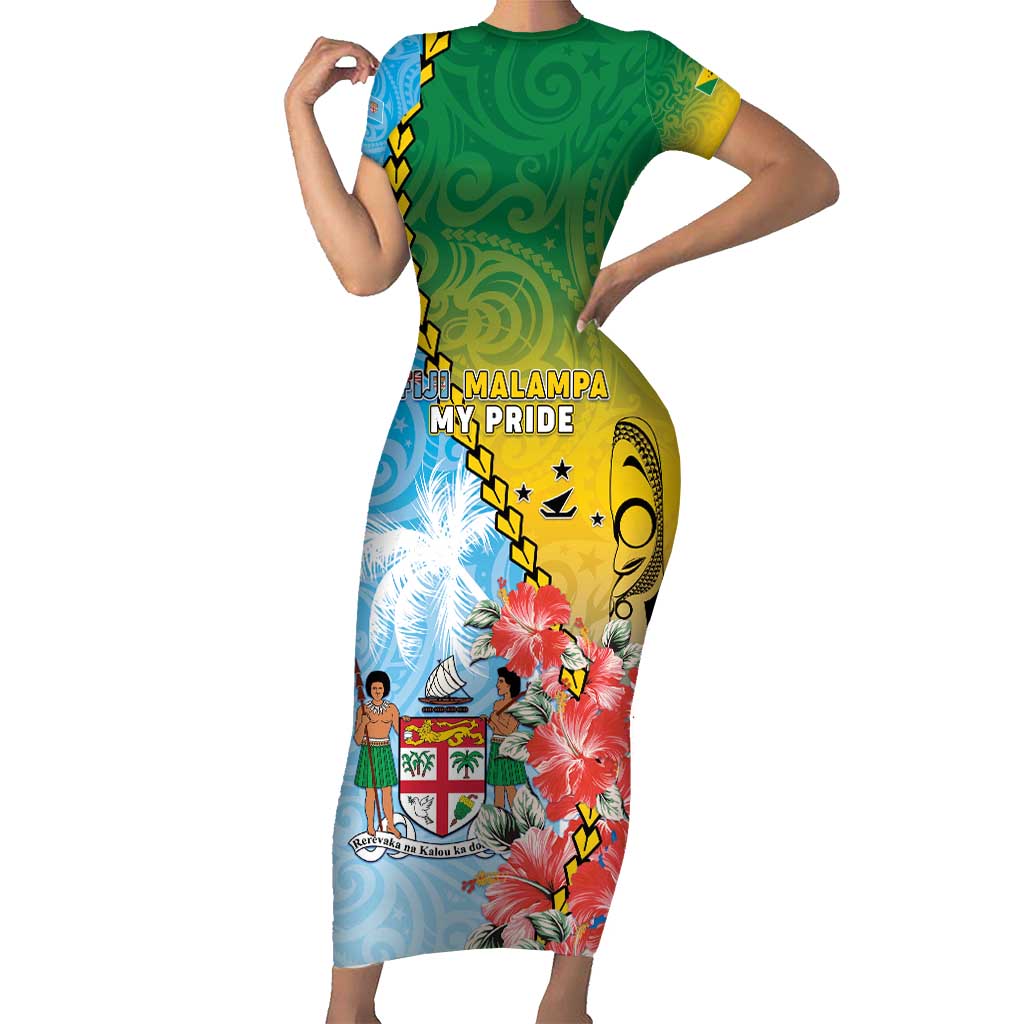 Personalised Malampa Fiji Day Short Sleeve Bodycon Dress Tribal Pattern With Tropical Flowers LT05 Long Dress Colorful - Polynesian Pride