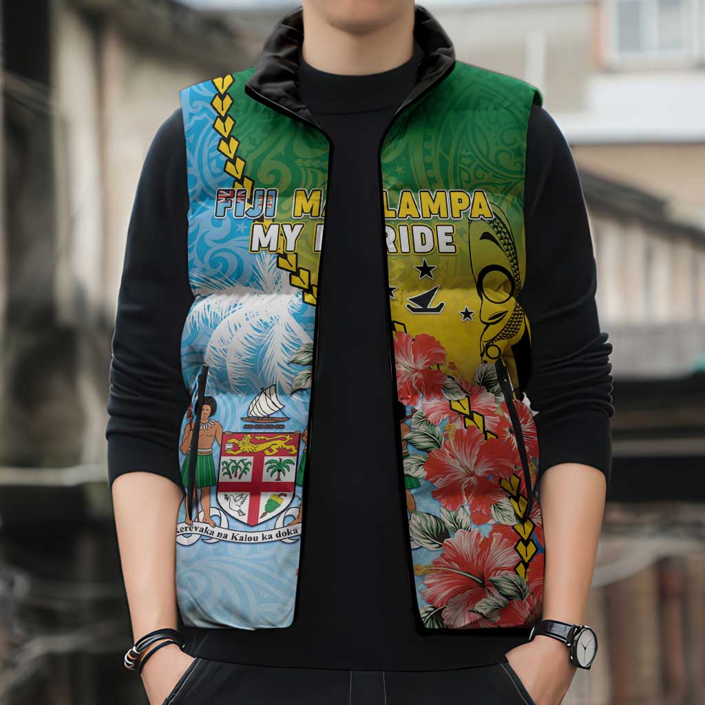 Personalised Malampa Fiji Day Sleeveless Puffer Jacket Tribal Pattern With Tropical Flowers - Polynesian Pride