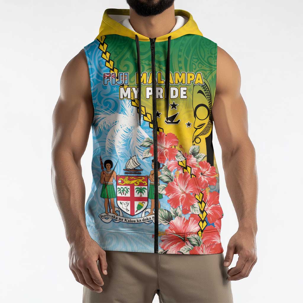 Personalised Malampa Fiji Day Sleeveless Zip Hoodie Tribal Pattern With Tropical Flowers LT05 - Polynesian Pride