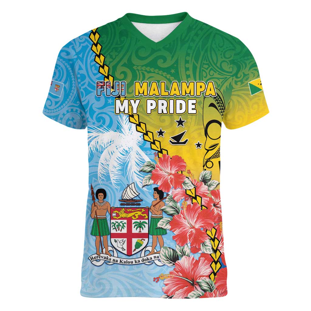 Personalised Malampa Fiji Day Women V-Neck T-Shirt Tribal Pattern With Tropical Flowers LT05 Female Colorful - Polynesian Pride