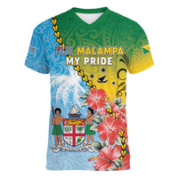 Personalised Malampa Fiji Day Women V-Neck T-Shirt Tribal Pattern With Tropical Flowers LT05 Female Colorful - Polynesian Pride