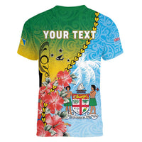 Personalised Malampa Fiji Day Women V-Neck T-Shirt Tribal Pattern With Tropical Flowers LT05 - Polynesian Pride