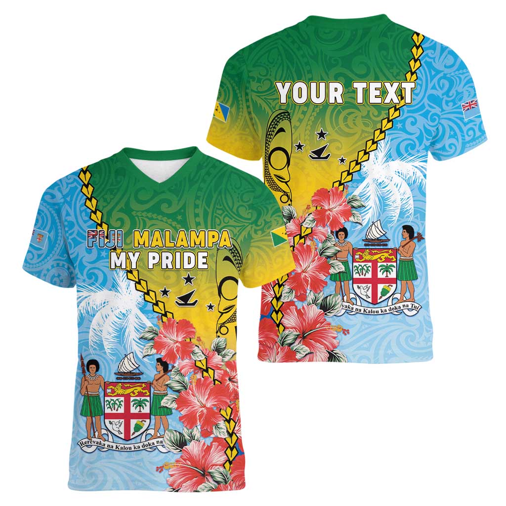 Personalised Malampa Fiji Day Women V-Neck T-Shirt Tribal Pattern With Tropical Flowers LT05 - Polynesian Pride