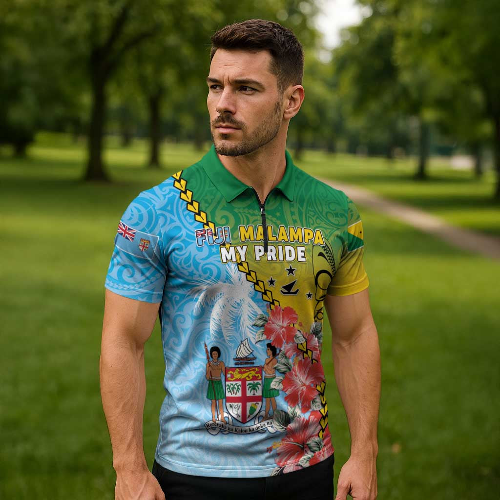 Personalised Malampa Fiji Day Zipper Polo Shirt Tribal Pattern With Tropical Flowers - Polynesian Pride